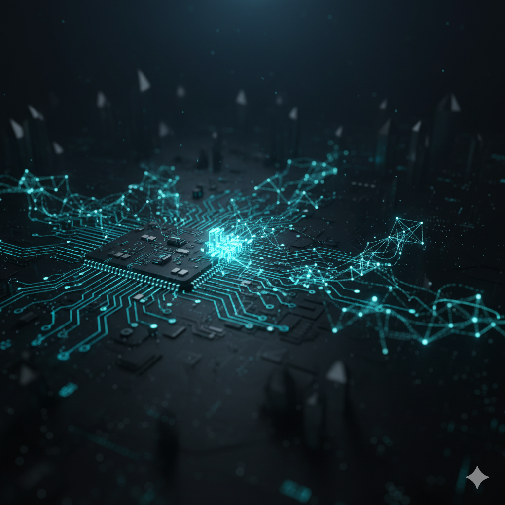 Futuristic microchip with glowing cyan circuits representing Integrated Hardware & AI technology
